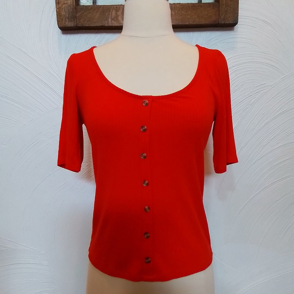 H&M Ribbed Henley Scoop Neck Short Sleeve Top size S